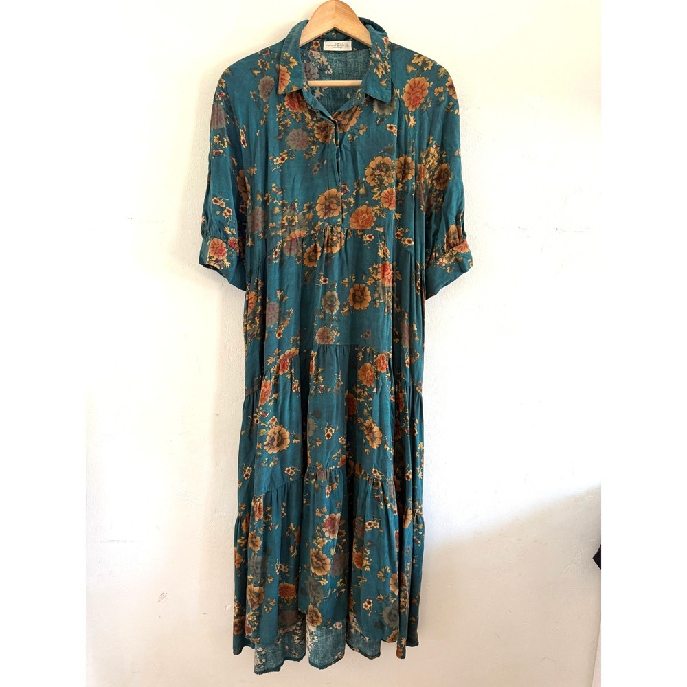 Natural Life Teal Floral Tiered Rebecca Midi Dress Large Rayon Boho Puff Sleeve - Picture 2 of 9